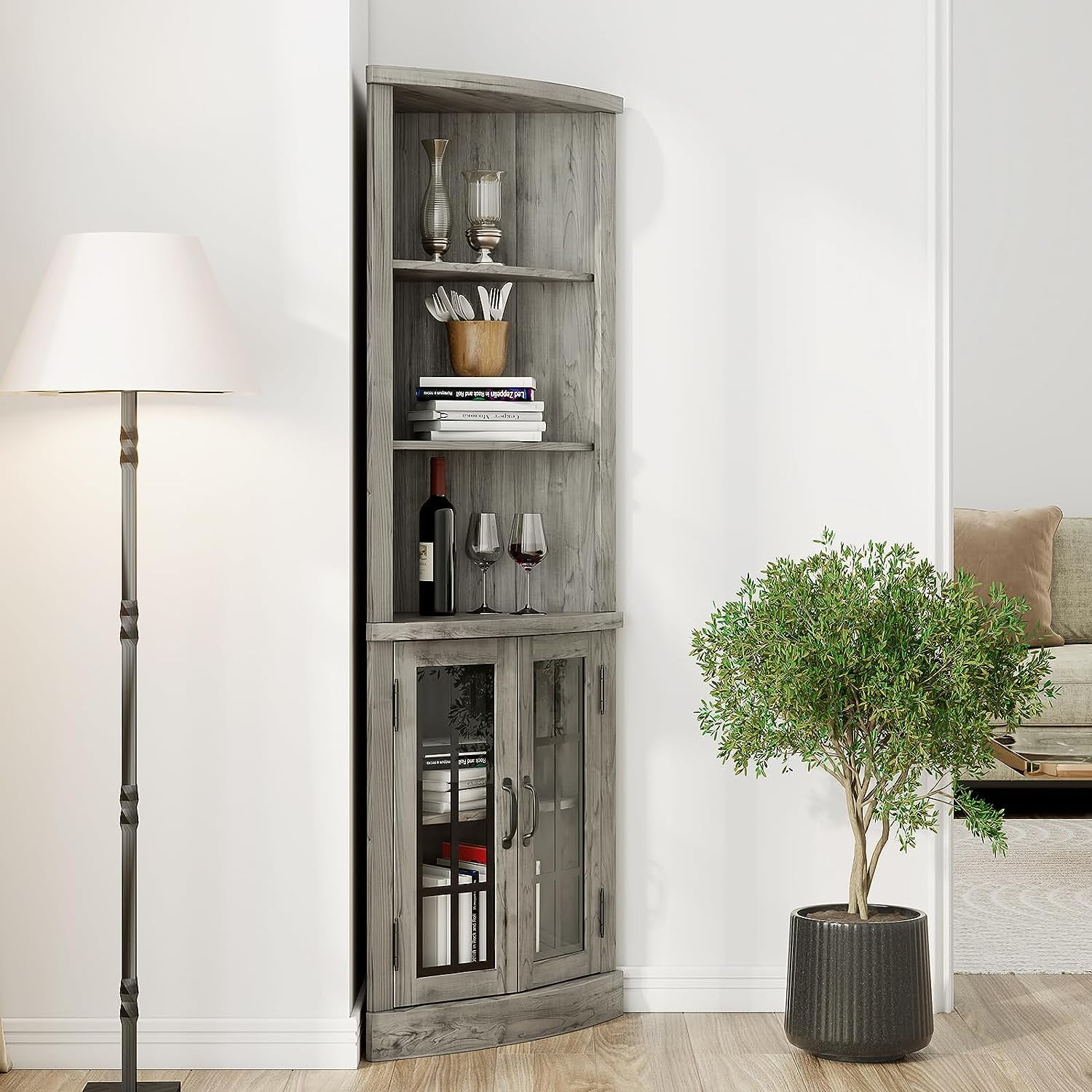 VANACC Curved Corner Storage Cabinet, 65" Bookcase with Doors & Shelves, Living Room, Washed Grey