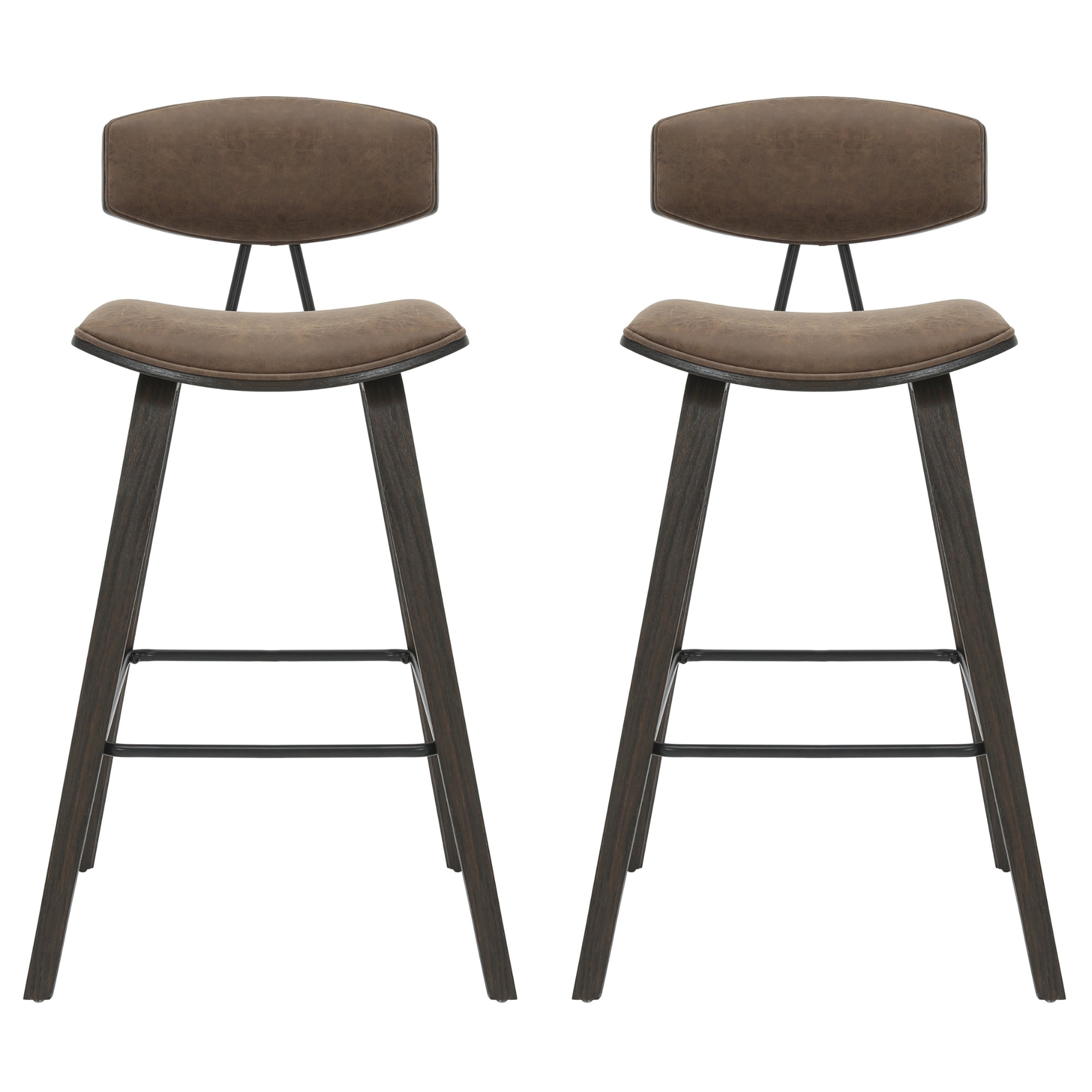 Fox 38 in. H Bar Height Vintage Dark Brown Curved Back Wood Bar Stool with Faux Leather Seat Set of 2