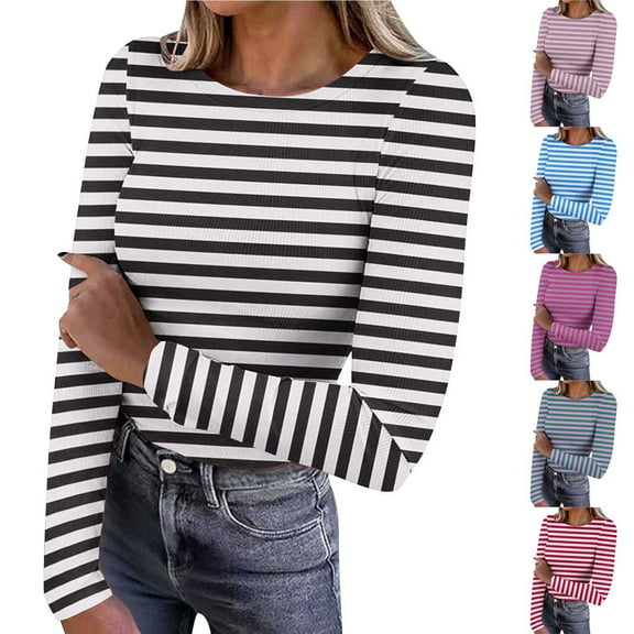 UPPADA Striped Long Sleeve Tops for Women Cute Crewneck Basic T Shirts Dressy Spring Fall Clothes Casual Lightweight Blouses Ladies Outfits Black,L