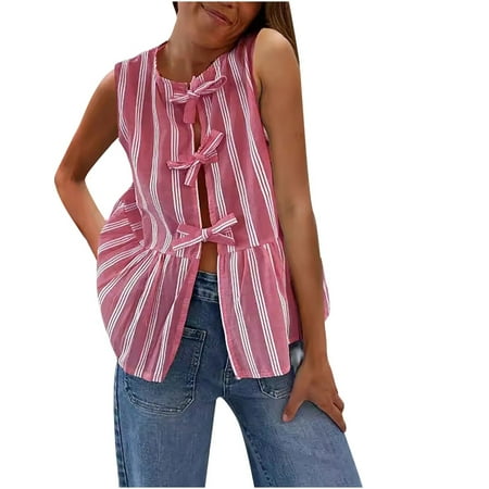 SHTXOZHI Womens Lace-up Babydoll Blouses Summer Crewneck Striped Shirt Ruffle Sleeveless Tops 2024 Vacation Outfit