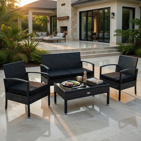 Yardi Yard 4 Pieces Patio Rattan Cushioned Furniture Set, Patio Conversation Set for Outdoor as Yard, Black