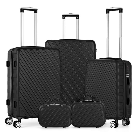 5-Piece Hardside Luggage Set, Silver Diagonal Textured ABS Suitcase, 14/20/24/28/30 Inch Spinner Luggage with TSA Lock, Lightweight Rolling Travel Case, Black