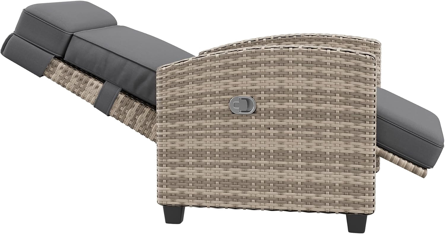 IdealHouse Reclining Patio Chair with Flip-Up Side Table - 150° Adjustable Backrest & Footrest, All-Weather Wicker Steel Frame, Olefin Cushions