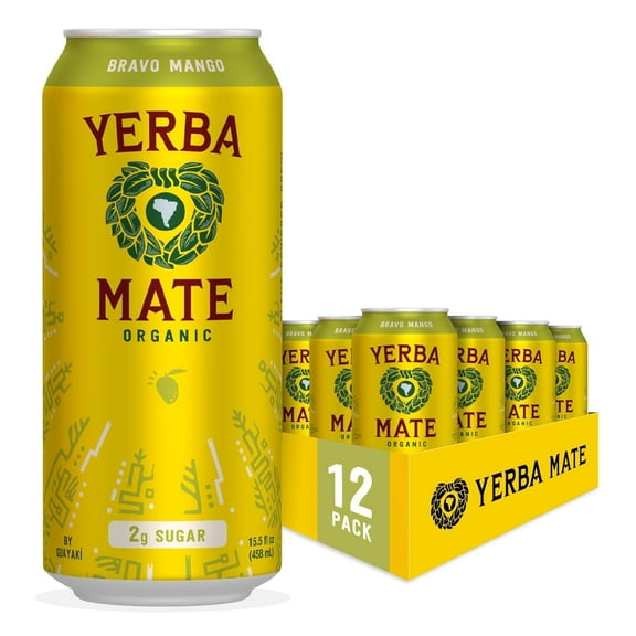 Guayakí Yerba Mate, Organic Energy Drink Alternative, Bravo Mango, Low Sugar, 150mg Natural Caffeine, Better for You Energy & Focus, No Jitters or Crash, 15.5 Oz (Pack of 12)
