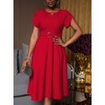 thumbnail image 6 of Elegant Red Womens Dress With Round Neck, Pleated Puff Sleeves, And Waist Belt Decor, 6 of 6