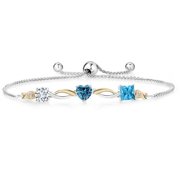 Gem Stone King 925 Silver and 10K Yellow Gold Bracelet for Women Lab Grown Diamond Persian Blue Moissanite (2.10 Cttw)