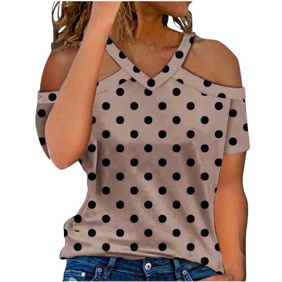 Staron Summer Tops for Women Off Shoulder Polka Dot Print V Neck Short Sleeve Casual Loose Blouse Shirt, Khaki XXL