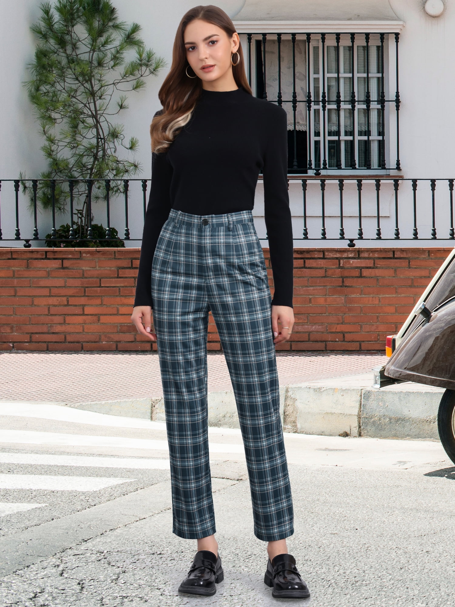 DARING DIVA Women's Plaid Pants High Waisted Tartan Checkered Cropped Pants S Navy Blue