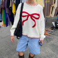 thumbnail image 1 of Tricot Imprimé Nœud Papillon Automne pour Femmes Col Rond Manches Longues Contraste Couleur Chandail Mode 2024, 1 of 6