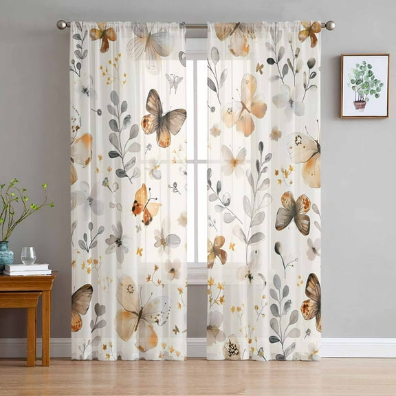 Retro Spring Floral Semi Sheer Curtains 63 Inch Length 2 Panels Set, Brown Butterfly Botanical Sheer Kitchen Curtain Privacy Voile Window Curtain for Living Room Bedroom Rod Pocket Drapes