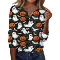 thumbnail image 2 of Halloween Tops for Women Cute Ghost Pumpkin Printed V Neck Quarter Button Long Sleeve Fashion Festival Party Top Black S, 2 of 5