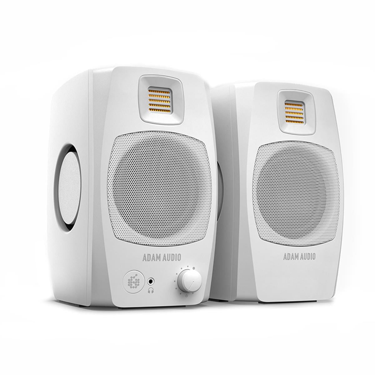 Adam Audio D3V 3.5" 80W Desktop Monitor, Pair, White, Bundle with 2x Studio Monitor Stand, 6' Platinum Pro Interconnect Cable and Isolation Pad