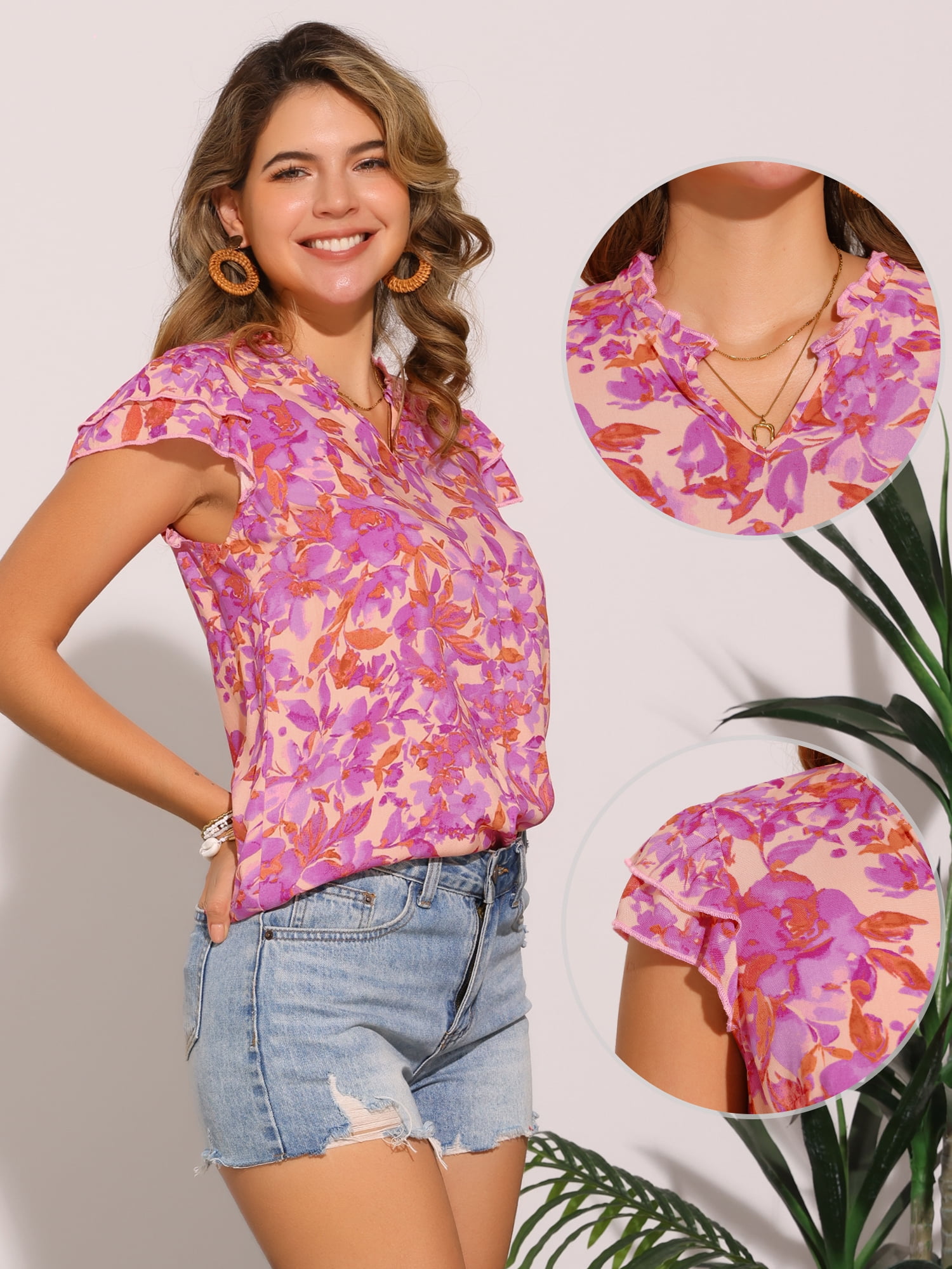 DARING DIVA Women's Ruffled V Neck Cap Sleeve Casual Floral Tops S Hot Pink