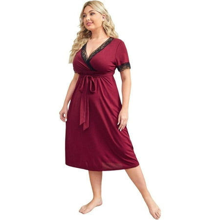 

Fantadool Womens Lace Nightgown Sleepshirt V-neck Sleepwear Loose Sleep Dress Short Sleeve Nightdress Loungewear with Belt Plus Size