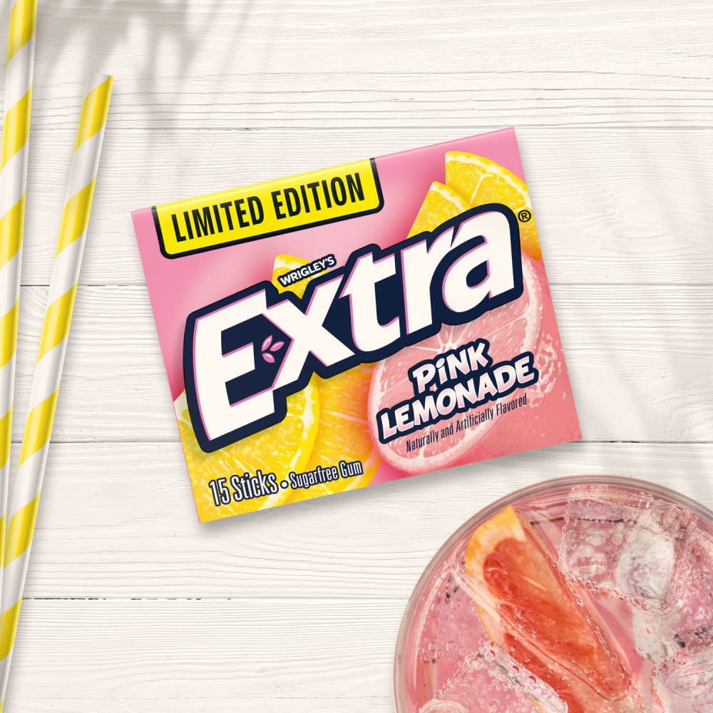 Extra Slim Pack Pink Lemonade Gum 10 Count Pack — 15 Sticks Each — Sugar-Free Fruity Long-Lasting Chewing Gum