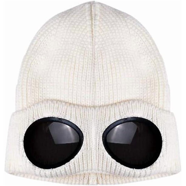Unisex Fleece Ski Caps Beanie Winter Hat With Goggles Knit Warm Wool Hats Snow Ski Skull Outdoor Capwhite