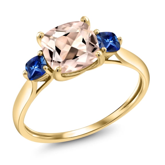 Gem Stone King 10K Yellow Gold Peach Morganite and Blue Created Sapphire Engagement Ring for Women | 1.56 Cttw | Cushion 7MM | Gemstone October Birthstone | Size 5