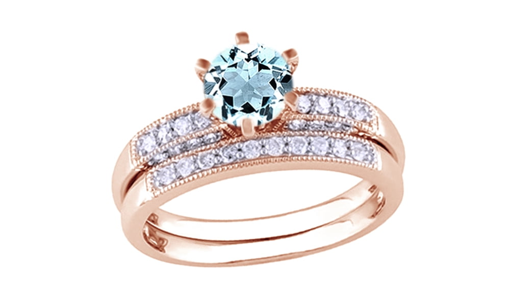 Simulated Aquamarine Cubic Zirconia & White Natural Diamond Wedding Ring Set In 10k Rose Gold By Jewel Zone US (0.33... by Jewel Zone US