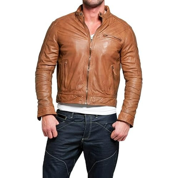 New Men's Genuine Lambskin Leather Slim Fit Biker Motorcycle Tan Jacket For Men A670