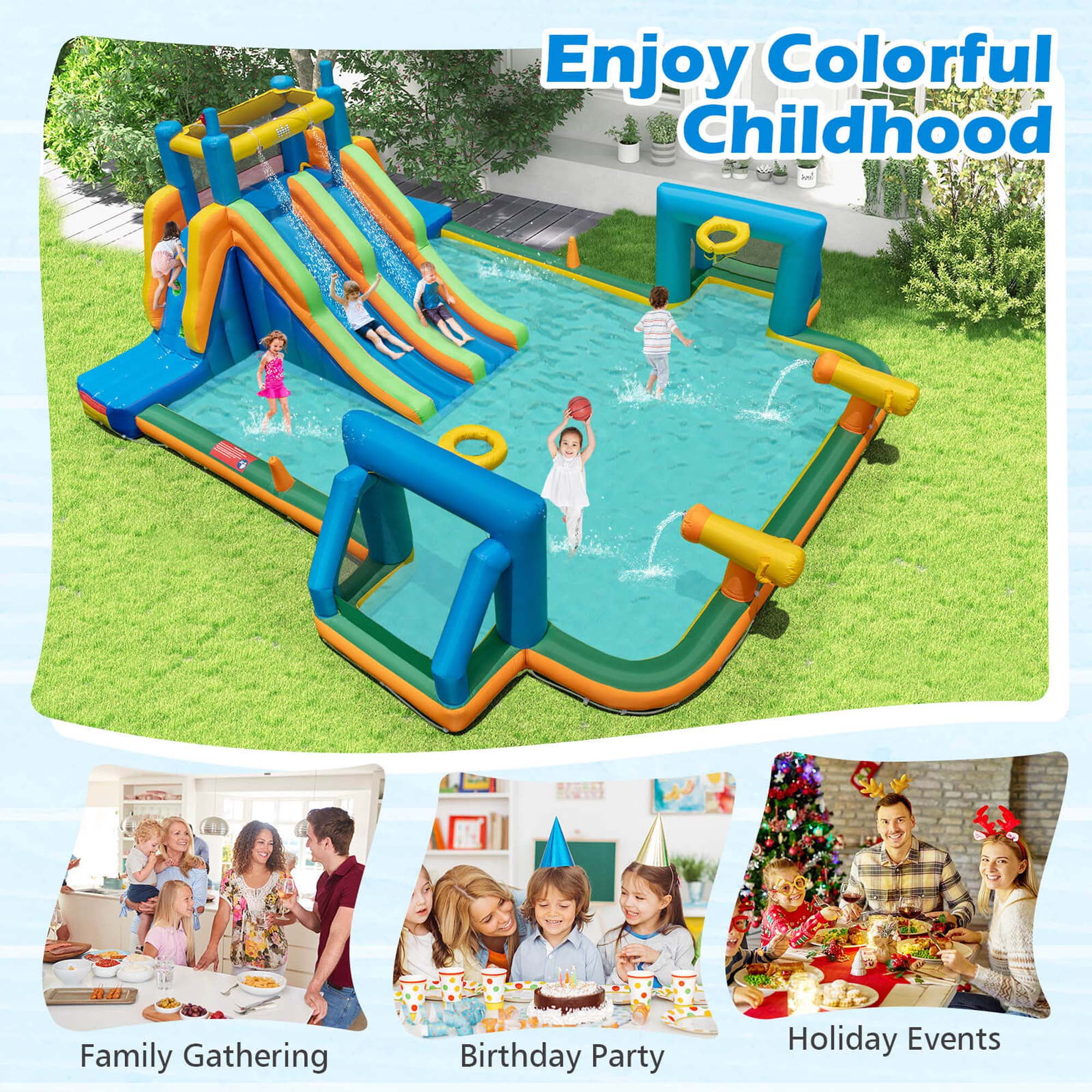 Costway Inflatable Water Slide with 2 Long Slides Pool Climbing Walls Blower Excluded