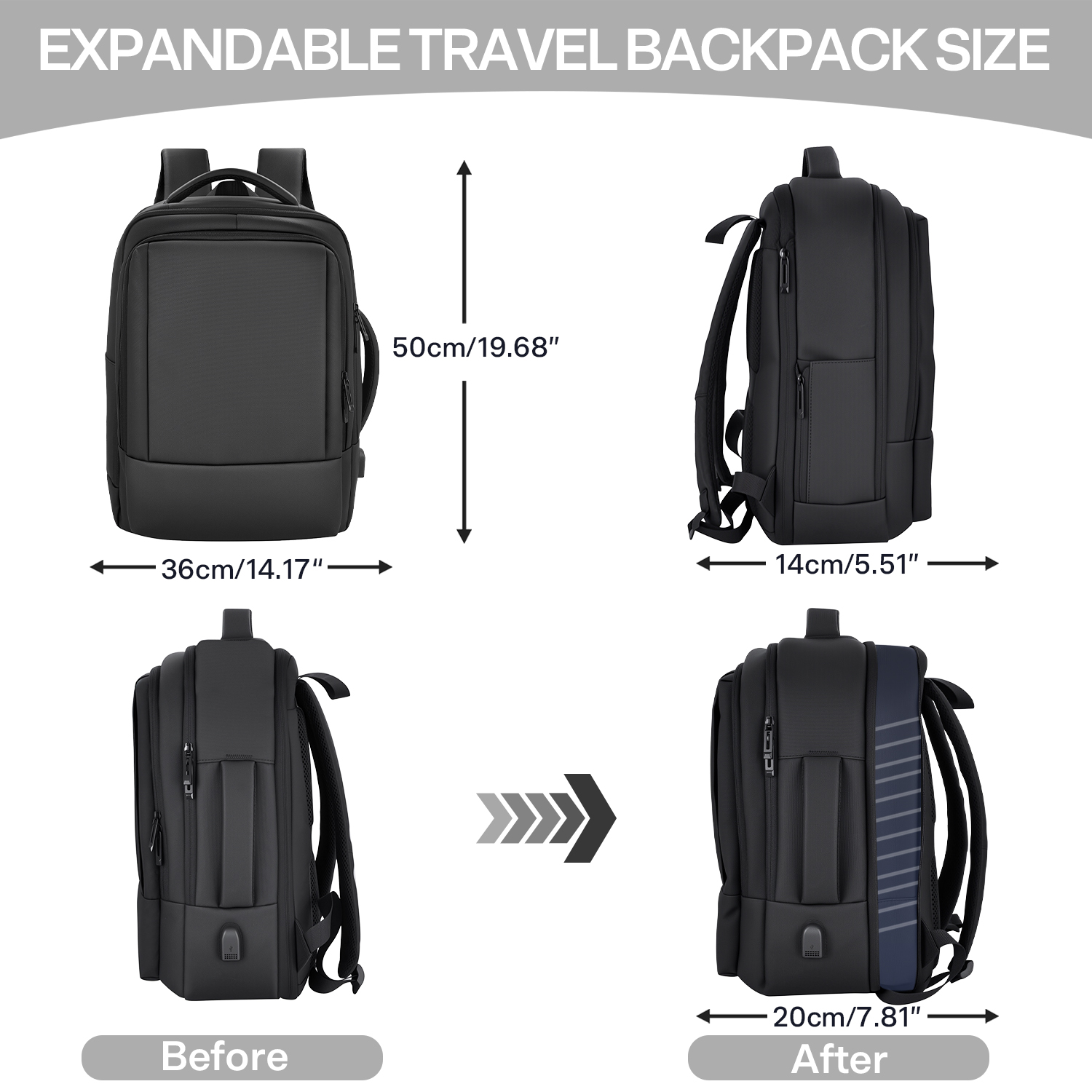 Aisboks 36L Expandable 17.3'' Laptop Backpack,Carry On Business Travel Backpack for Men and Women, Premuim Weekender Luggage Bag with USB Charging Port, Black