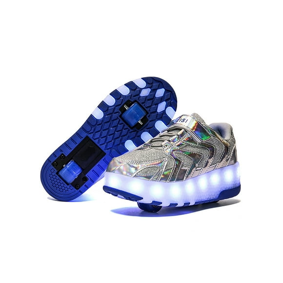 UKAP Children Trainers LED Light Sneakers Double Wheels Athletic Shoes Kids Skate Shoe Comfort Silver 2.5Y