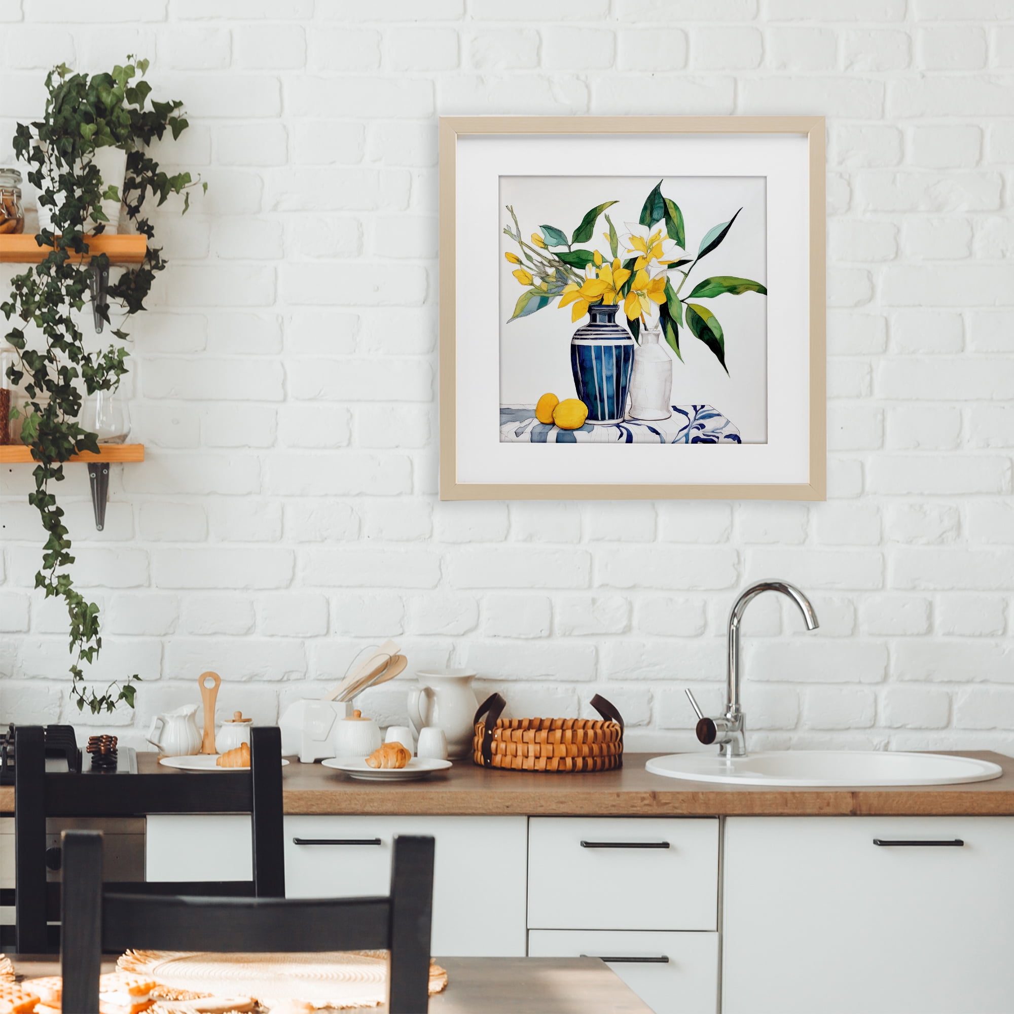 Stupell Industries Lemons And Blooms Table Birch Framed Print Under Glass, design by Ray Powers