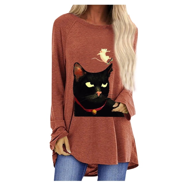Mode Femme Décontractée Imprimé Col Rond T-shirt Manches Longues Ample Blouse Chandail