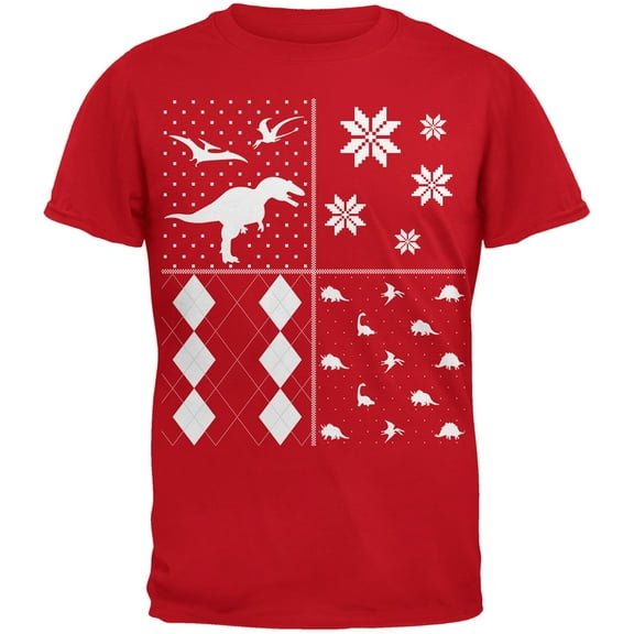 Dinosaurs Festive Blocks Ugly Christmas Sweater Red Youth T-Shirt - Youth X-Large