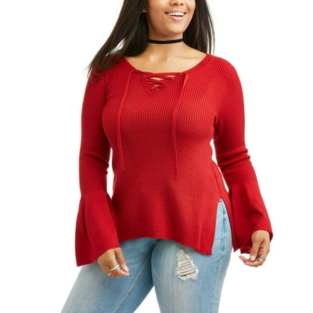 Junior Plus Lace Up Ribbed Bell Sleeve Sweater