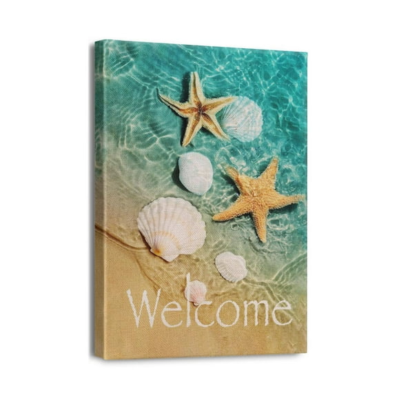 Ocean Beach Nautical Decor 12x16 Inch Framed Canvas Prints - Seashell & Starfish Wall Art for Rustic Coastal Themed Living Room, Bedroom, Bathroom
