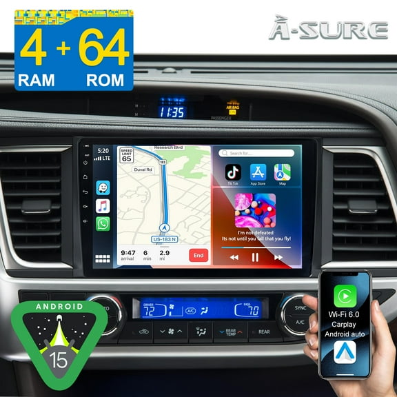10.1" Android 15 Stereo 4 64GB IPS Car Radio for Toyota Highlander 2014-2019 with Wireless CarPlay/Android Auto/GPS Navi/Wi-Fi/BT 5.4/DSP