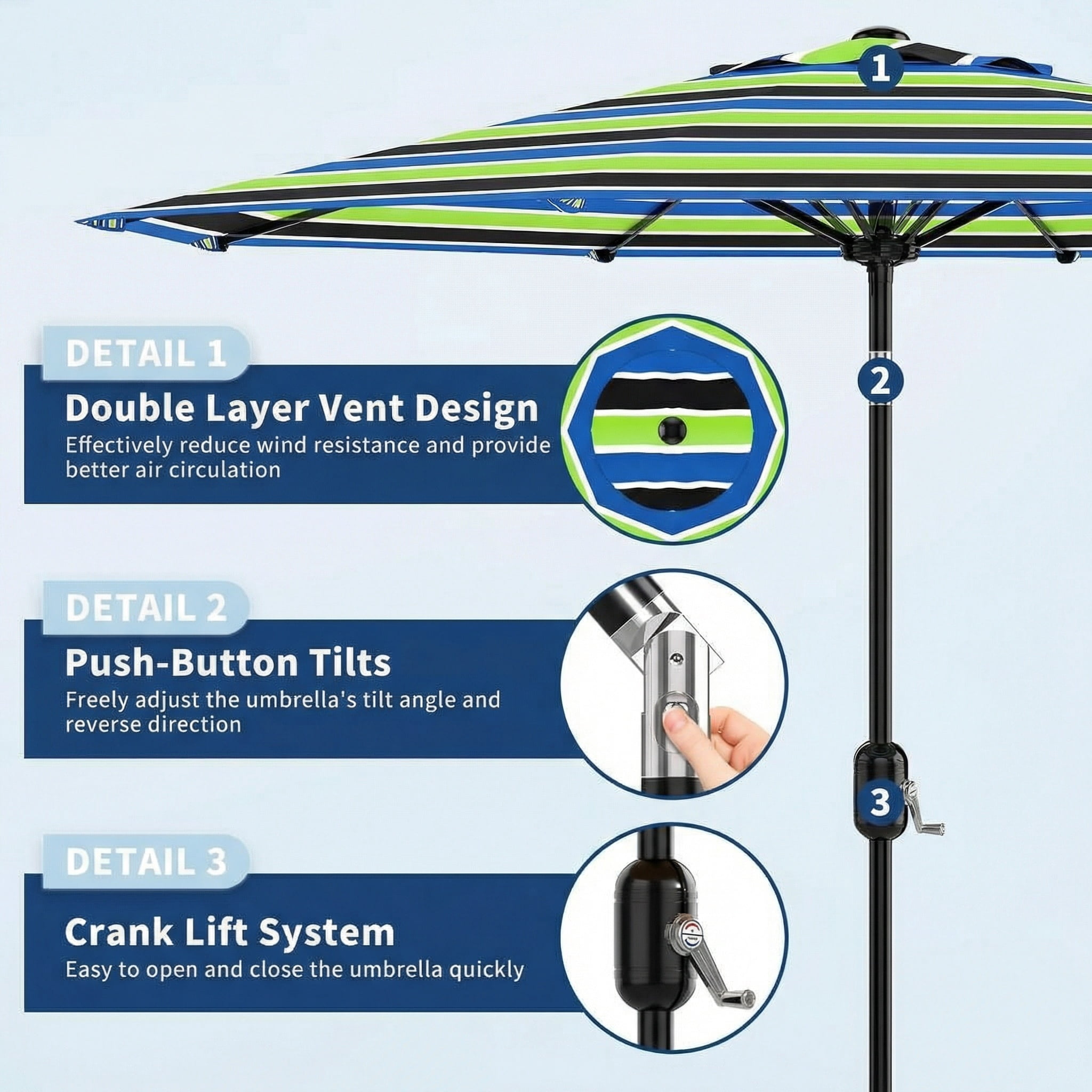 9FT Outdoor Patio Umbrella,Table Market Umbrella with Push Button Tilt and Crank,Tricolor Stripe