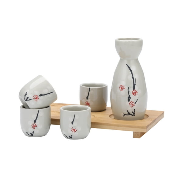 Japanese Sake Set , Ceramic Saki Cup Set with 1 Sake Carafe, 4 Sake Cups, and 1 Tray, Traditional Japanese Drinkware