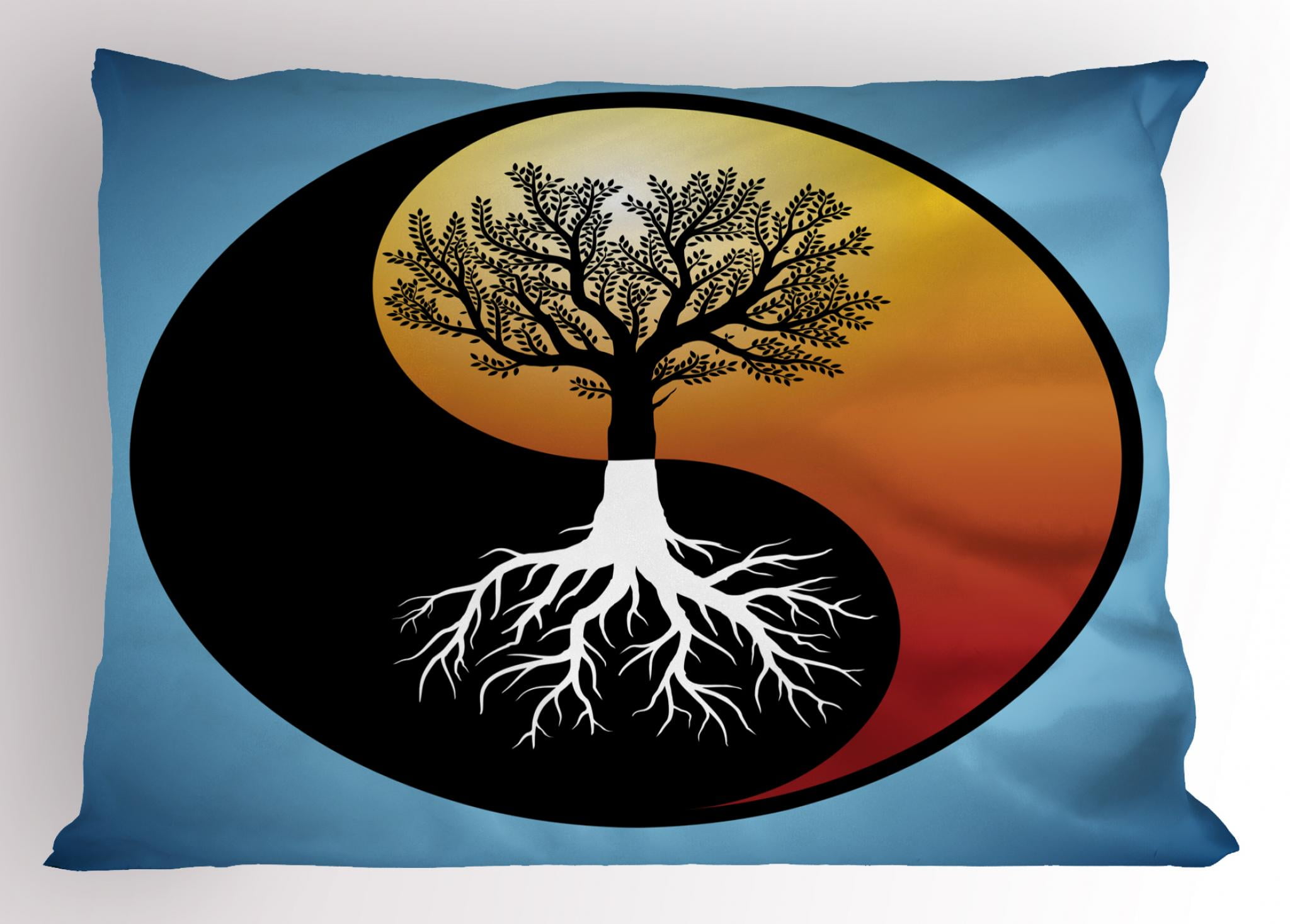 Yin Yang Pillow Sham, Contrast Tree of Life with Abstract Roots in