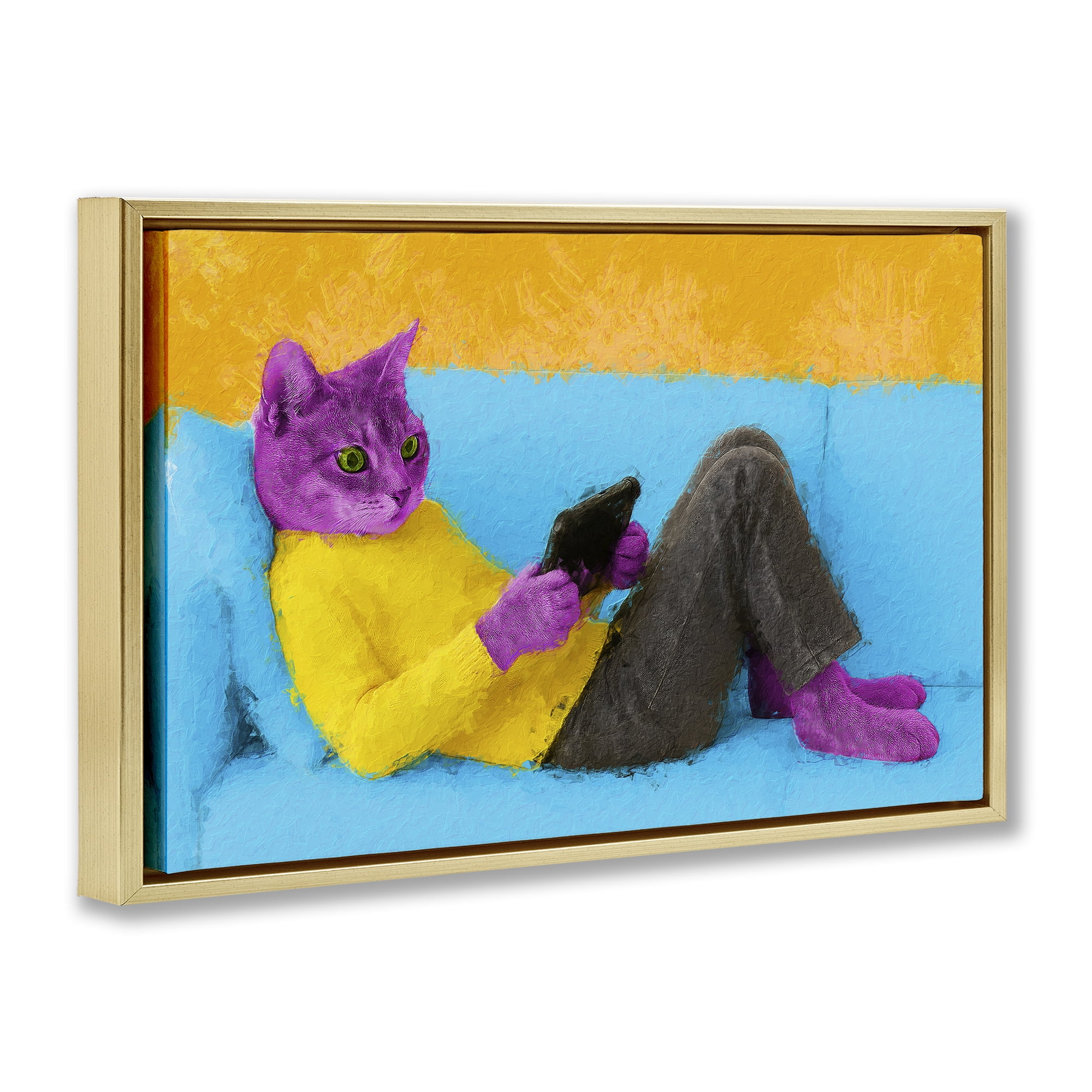 Stupell Industries Vibrant Cat Playing Game Gold Framed Floater Canvas Wall Art, design by Sean Parnell