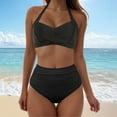 thumbnail image 2 of Huesdet Women Two Piece Swimsuits Ribbed One Shoulder Bikini Sets Mid Waist Bathing Suit(D-Black,S), 2 of 9