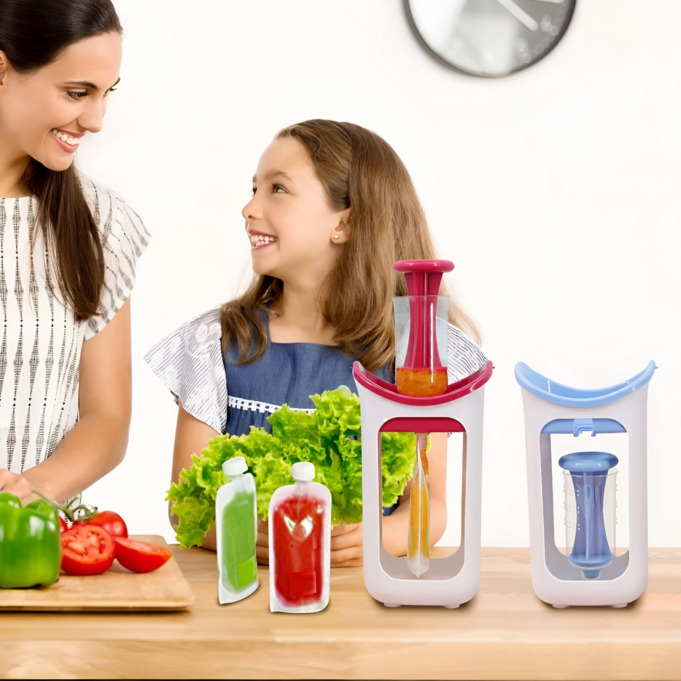 CURYMAY Baby Food Maker Puree Squeezer Station with 10 Reusable Storage Pouches-Manual Fruit Vegetable Blender for Homemade Baby Food-Portable, Dishwasher Safe, Non-Slip Base-Red/Blue