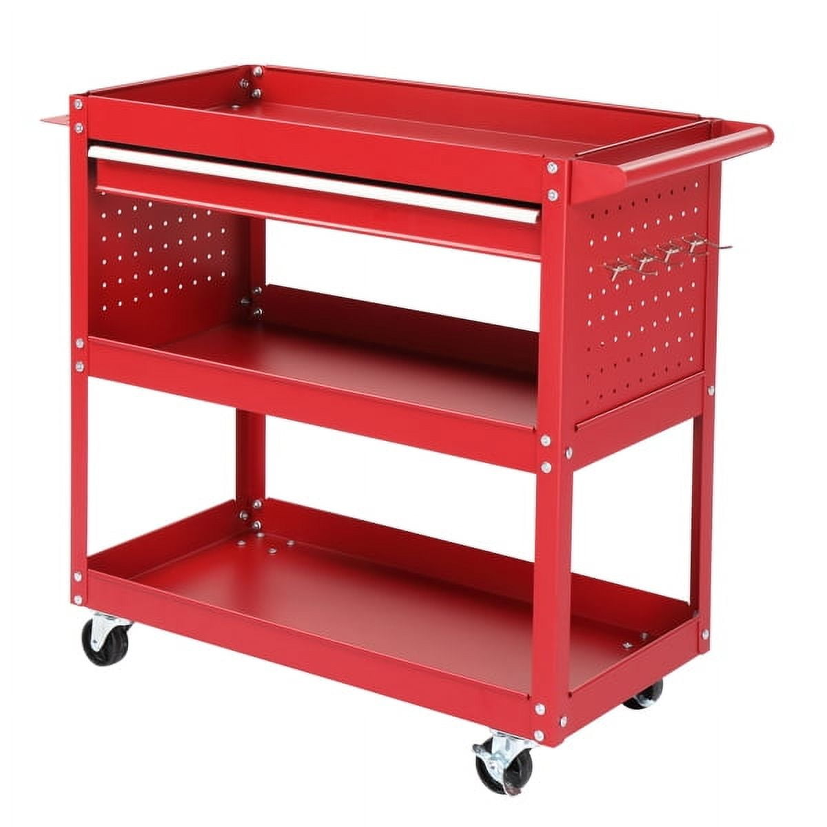 Red 3-Tier Rolling Tool Cart w/ Pegboard & Drawer - 330lb Capacity Heavy-Duty Steel Utility Cart for Garage, Workshop, Warehouse