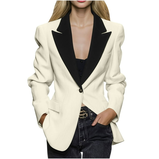 RXMEKW Slim Lapel Blazer for Women Long Sleeve Button Front Office Jacket for Work Solid Color