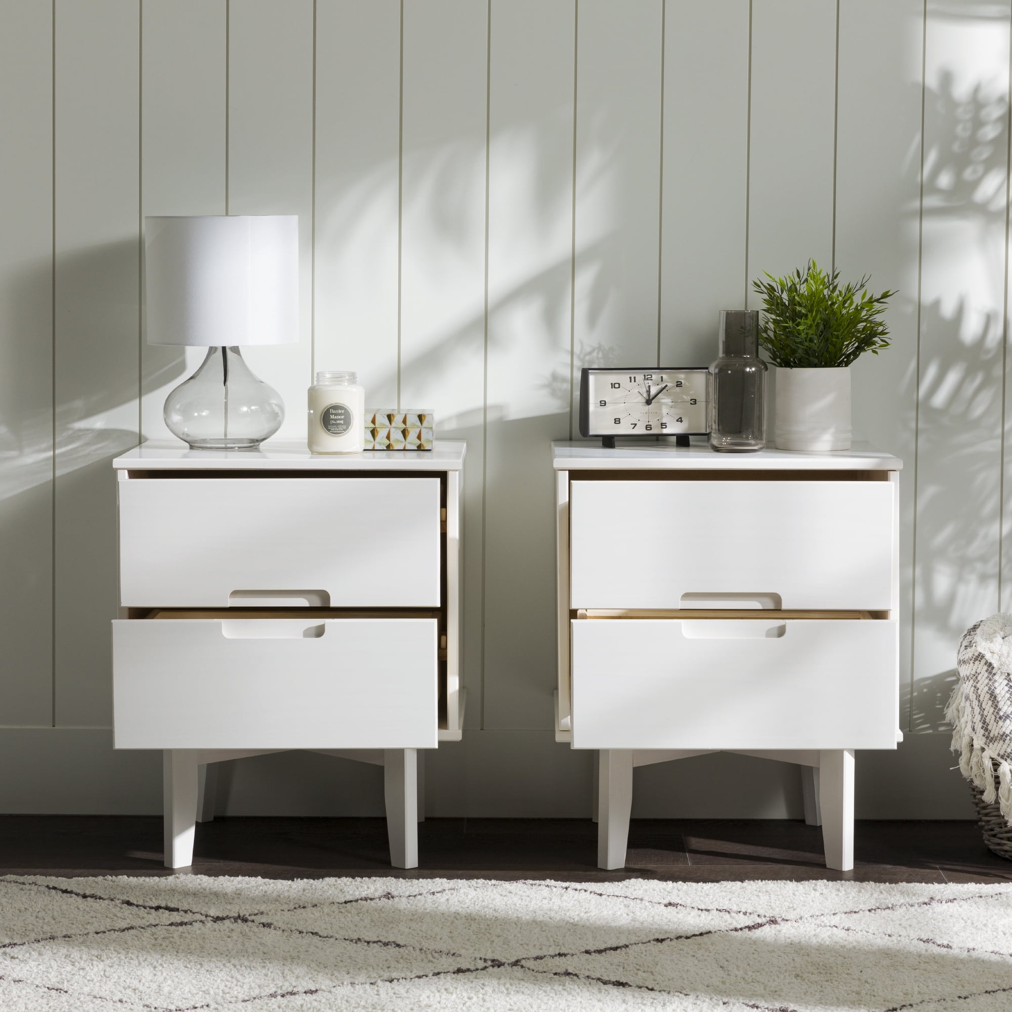 Walker Edison Mid-Century Modern 2-Drawer Solid Wood Nightstands, White, Set of 2