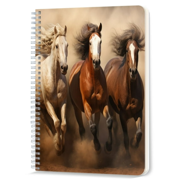 Spiral Notebook,Double-Wire Spiral College Lined Journal Notebook for Study and Notes,100 Pages,5.71x 8.26 in - Three Horses Galloping with Dust