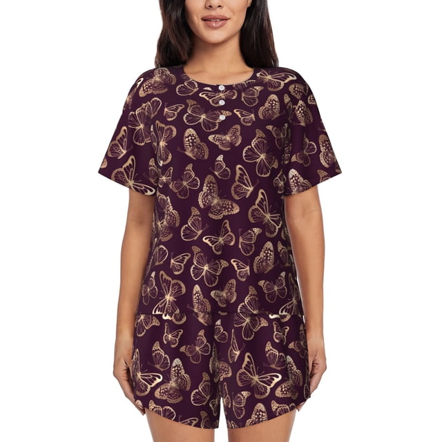 Balery Beautiful Purple Butterflies Conjunto de Pijama para Mujer con Estampado, Dos Piezas de Manga Corta y Shorts, Ropa de Dormir Suave con Cuello Redondo y Bolsillos-Medium