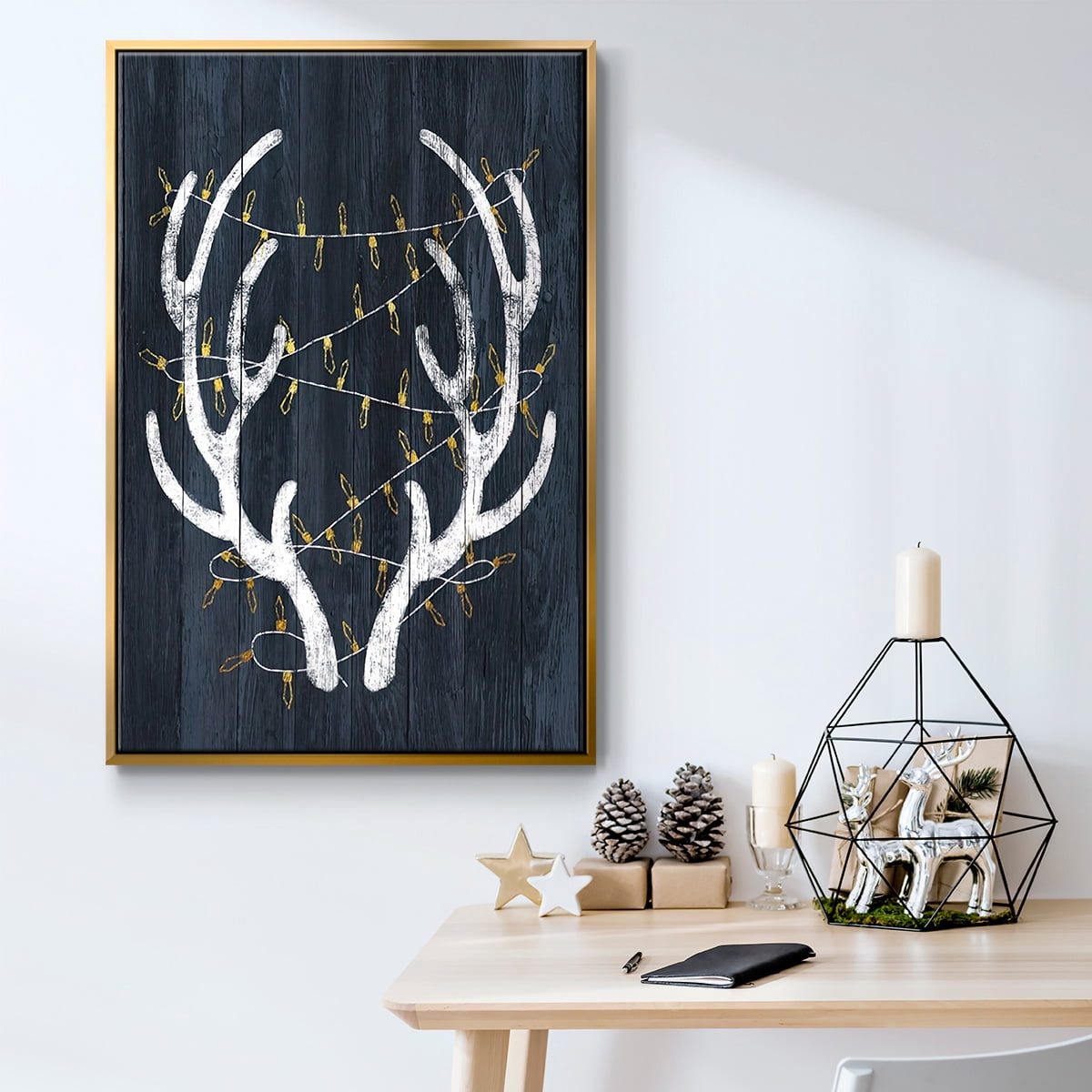 Antlers & Lights - Framed Gallery Wrapped Holiday Canvas - 25 x 37 - Gold Frame