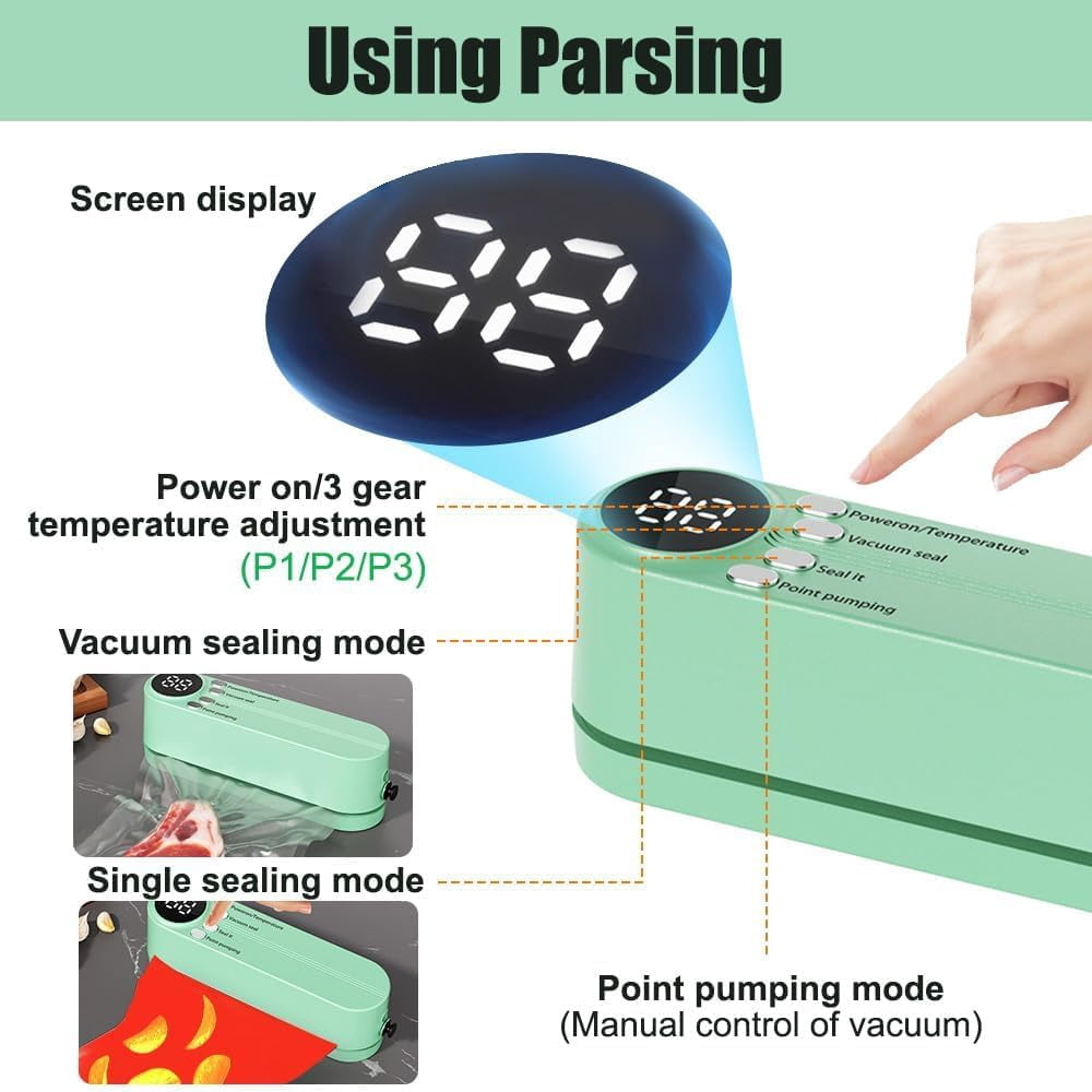 Mini Cordless Vacuum Sealer, 3 In 1 Rechargeable Wireless Handheld Vacuum Sealer, Cordless Portable Package Resealer, Wireless Handheld Vacuumsealer, For Candies Snacks Food Storage (Green)