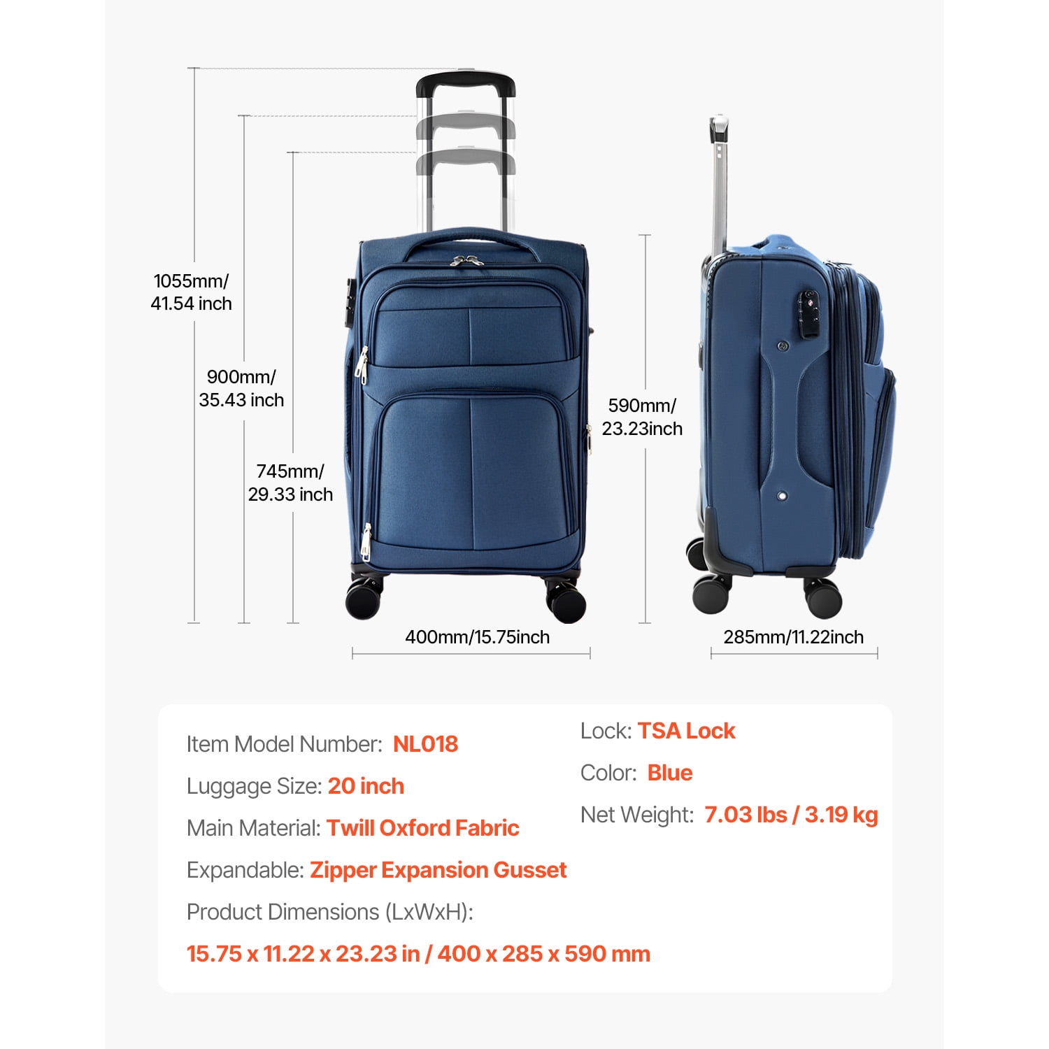 KFFKFF 20-Inch Expandable Softside Luggage with Spinner Wheels, Lightweight Carry-On Suitcase with TSA Lock and Extra Storage Pocket, Blue