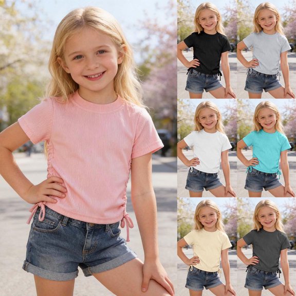 Gaexia Girls Fashion Ribbed Knit Tee Casual Solid Color With Tie Shoulder Design Basic Shirt For Youth Spring Summer Top (Pink,3-4 Years)