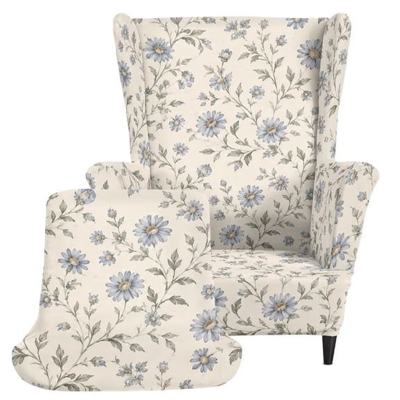 DISNIMO Floral Print 2-Piece Wingback Chair Covers Stretch Wing Armchair Slipcovers Non-Slip Washable Furniture Protector with Elastic Bottom for Living Room