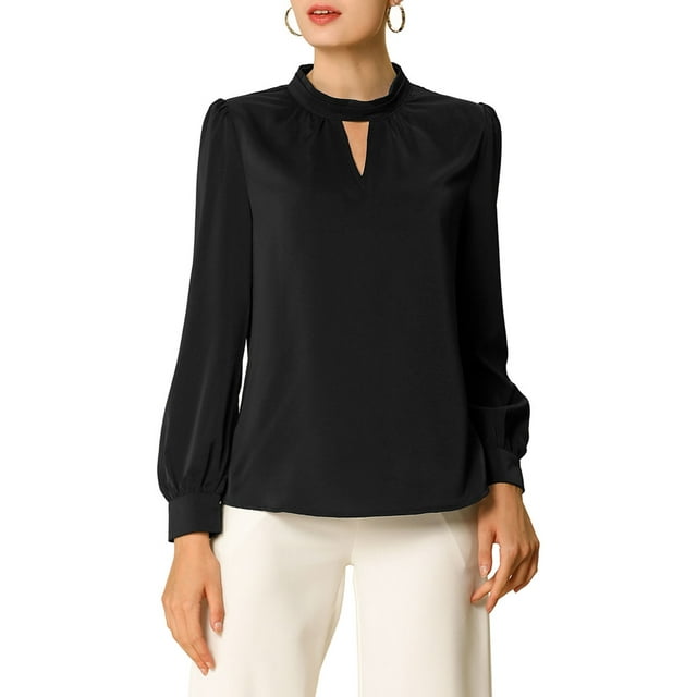 INSPIRE CHIC Women's Keyhole Stand Collar Pleated Back Button Blouse Tops