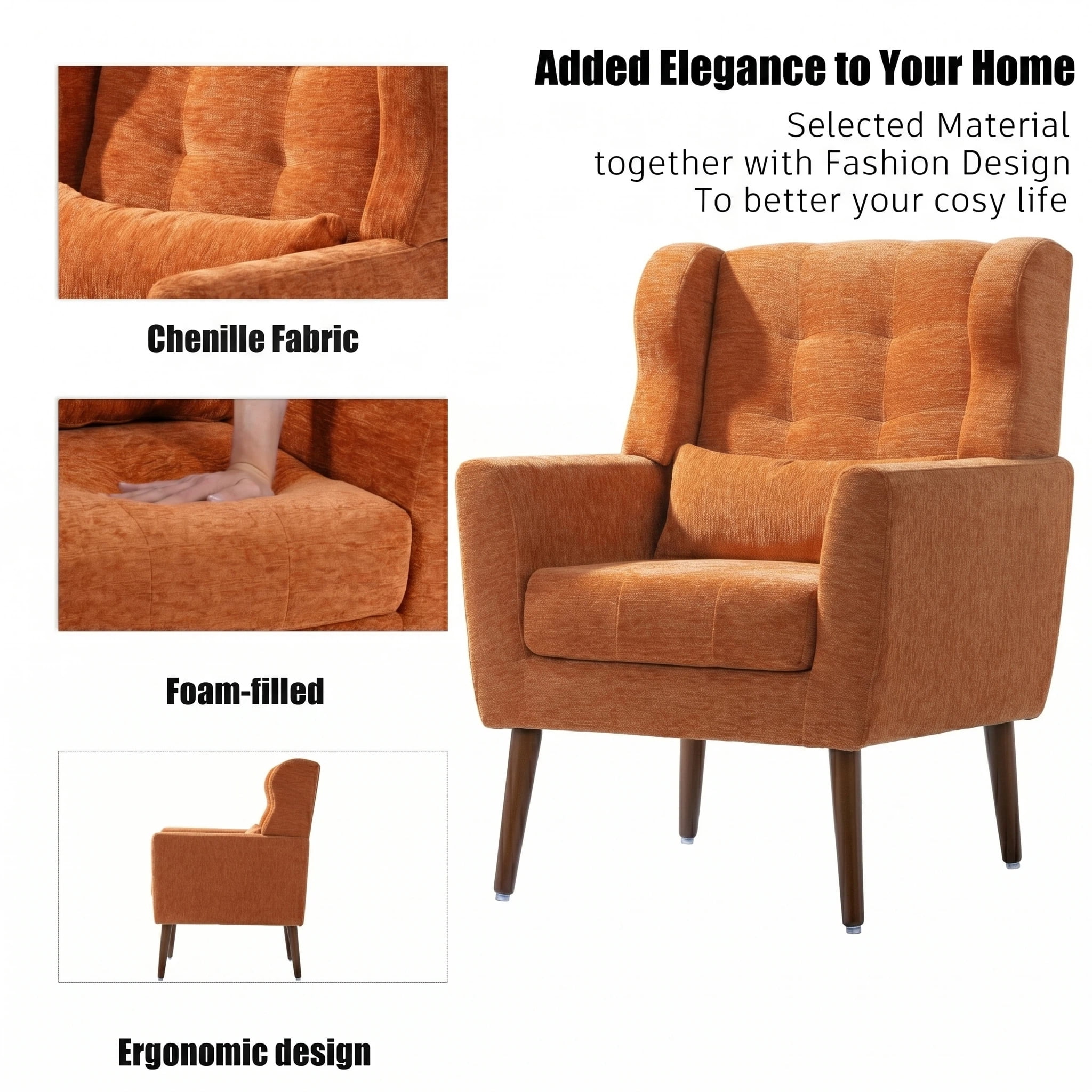 AISWORD Modern Accent Chair, Upholstered Armchair with Pillow, Fabric Single Sofa Chair with Lounge Seat and Wood Legs Accent Chair for Living Room Bedroom Small Spaces, Orange